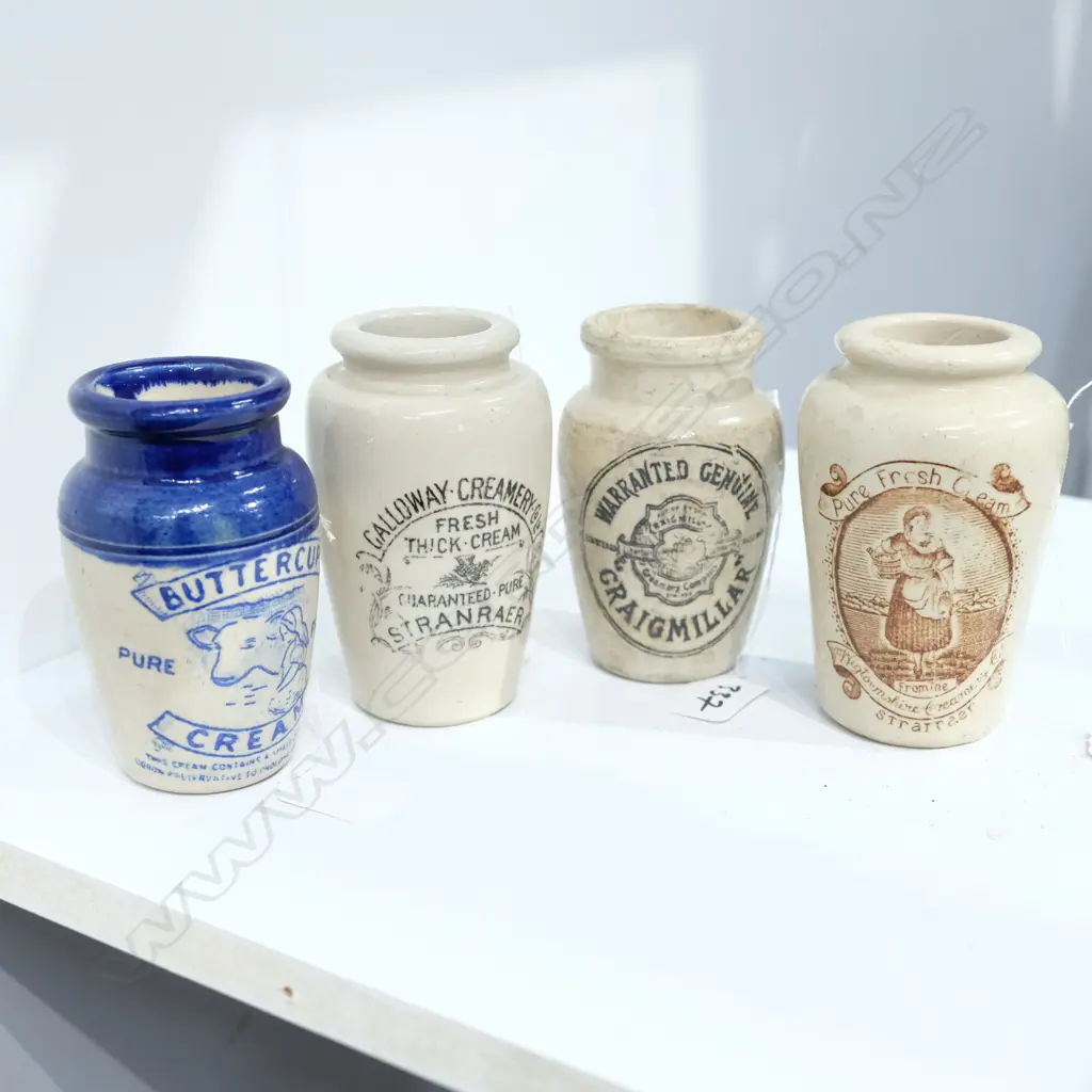 FOUR PICTORIAL EDWARDIAN CREAM POTS Image 1++