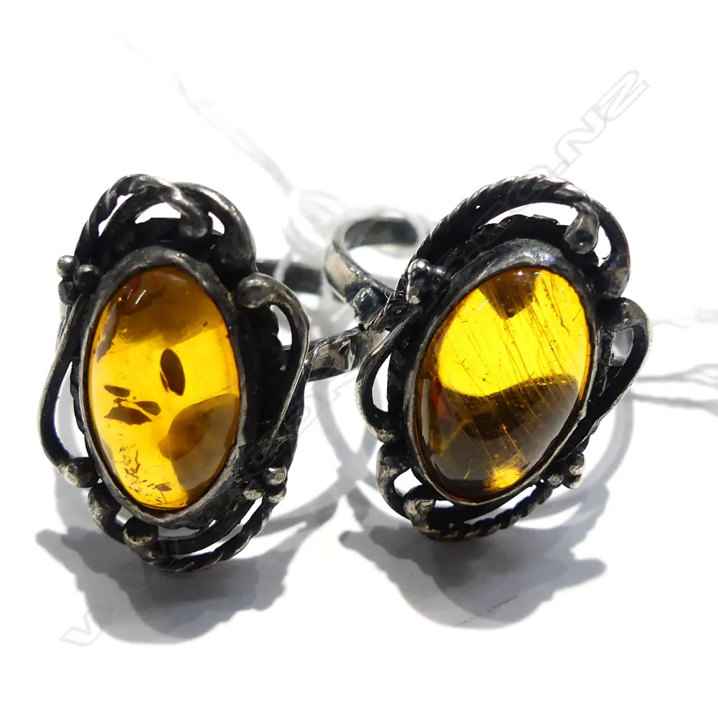 2 VINTAGE SILVER AMBER DRESS RINGS STAMPED SZ Image 1++
