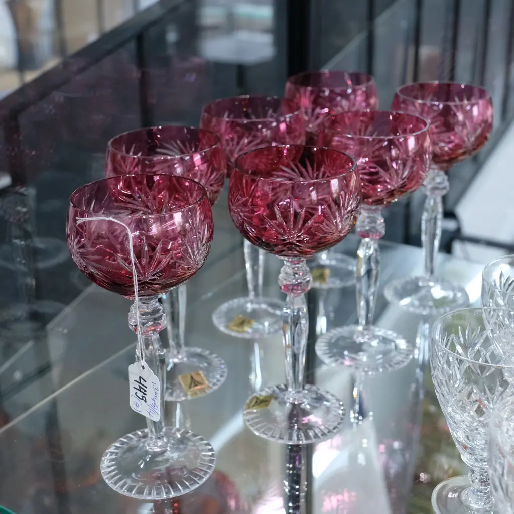 7 ETCHED RUBY WINE GLASSES Image 1++