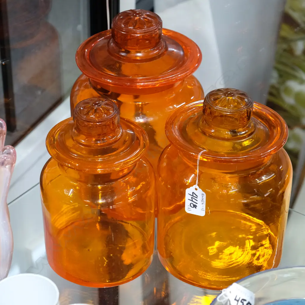 3 RETRO ORANGE LIDDED GLASS JARS Image 1++