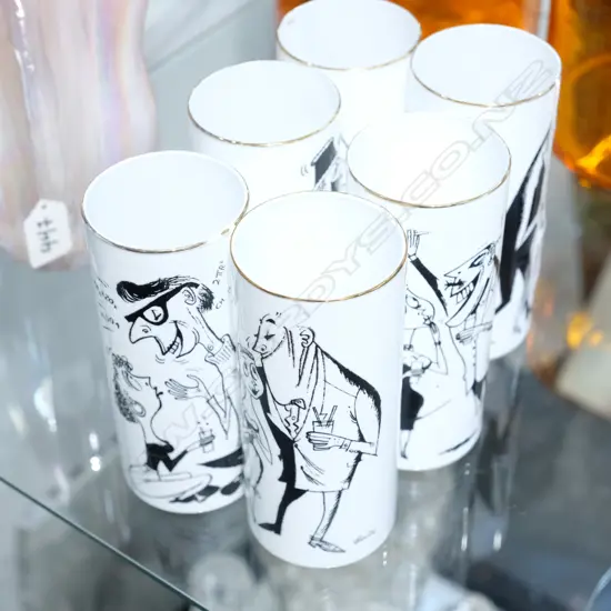 6 PORCELAIN TUMBLERS W/ CARTOON DECORATIONS EACH H. 150MM
