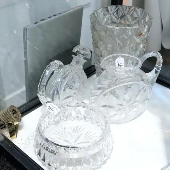 LOT CRYSTAL BOWL/GERMAN VASE/ DECANTER AND JUG SOME FAULTS  H 320 MM