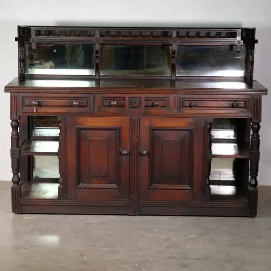 MAHOGANY GOTHIC REVIVAL DINNING ROOM SIDE BOARD L. 2400MM H. 1500MM