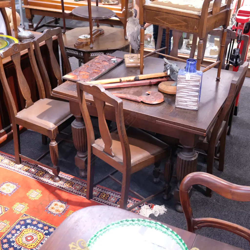 OAK EXTENSION DINING TABLE AND SIX CHAIRS Image 1++