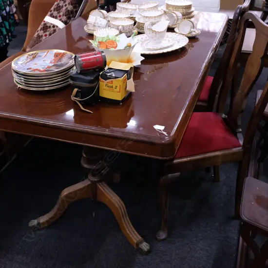 A REGENCY STYLE DINING TABLE WITH 3 CANE BACK CHAIRS+2 SIDE CHAIRS