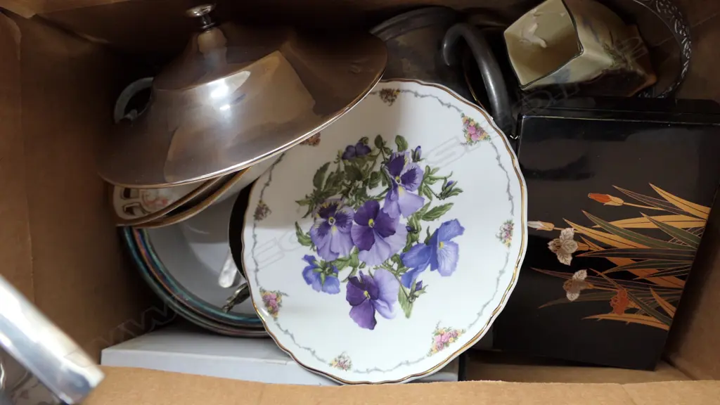 BOX LOT, PEWTER, DOULTON, CHINA, BRASS WARE, E.P. WARE ETC. Image 1++