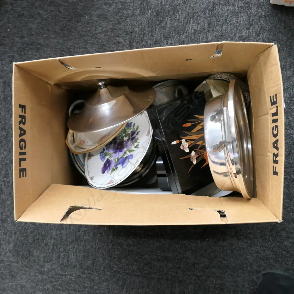 BOX LOT, PEWTER, DOULTON, CHINA, BRASS WARE, E.P. WARE ETC. Image 1++