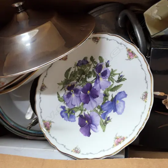 BOX LOT, PEWTER, DOULTON, CHINA, BRASS WARE, E.P. WARE ETC.