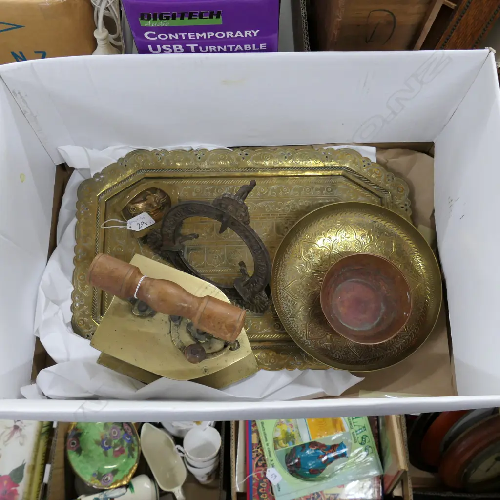 BRASS TRAY, BOWLS, IRON, TRIVETT ETC, LONGEST L. 450MM Image 1++