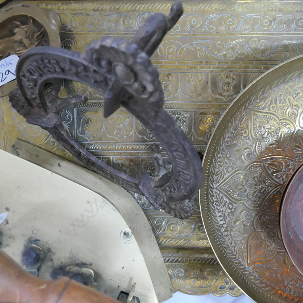 BRASS TRAY, BOWLS, IRON, TRIVETT ETC, LONGEST L. 450MM Image 1++