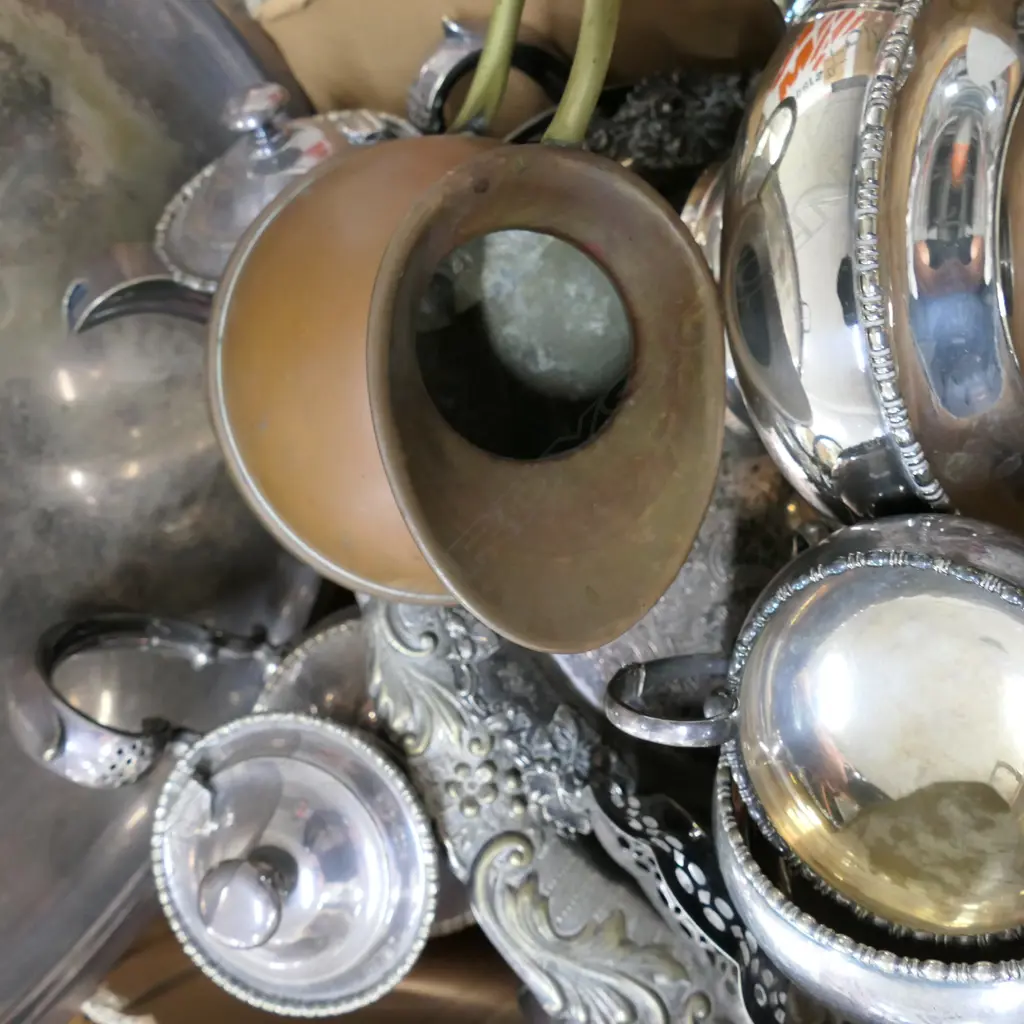 Box of assorted EPNS tea set , Large tray Etc and copper jug Image 1++