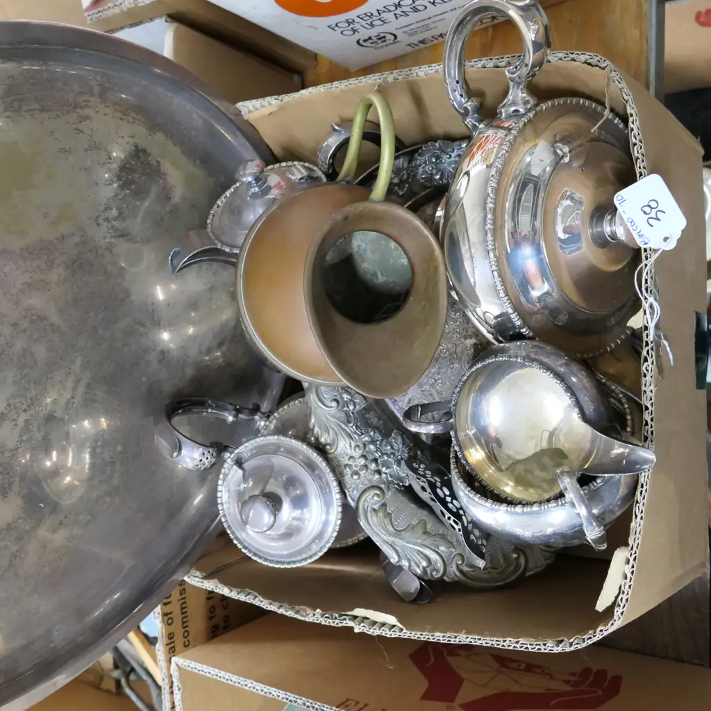 Box of assorted EPNS tea set , Large tray Etc and copper jug Image 1++