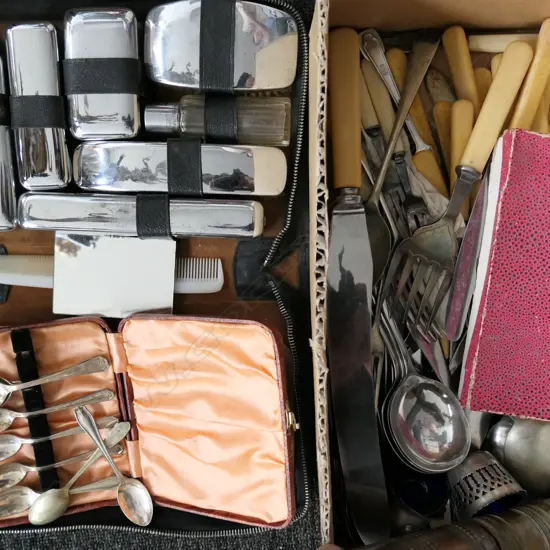 LARGE BOX OF ASSORTED CUTLERY/SHAVING KIT/COFFEE GRINDER (AF)