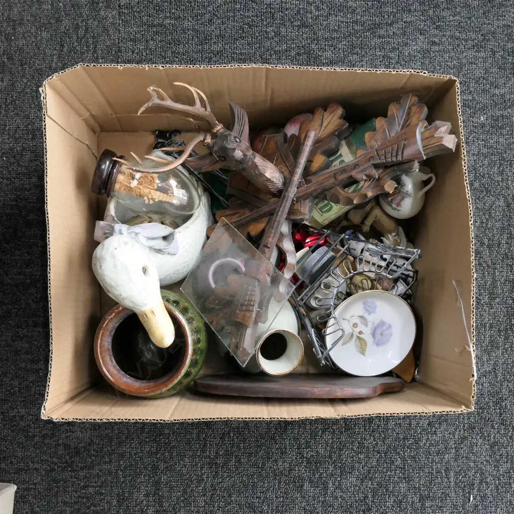 BOX OF MISCELLANY INCL PORCELAIN, POTTERY, ETC.  Image 1++