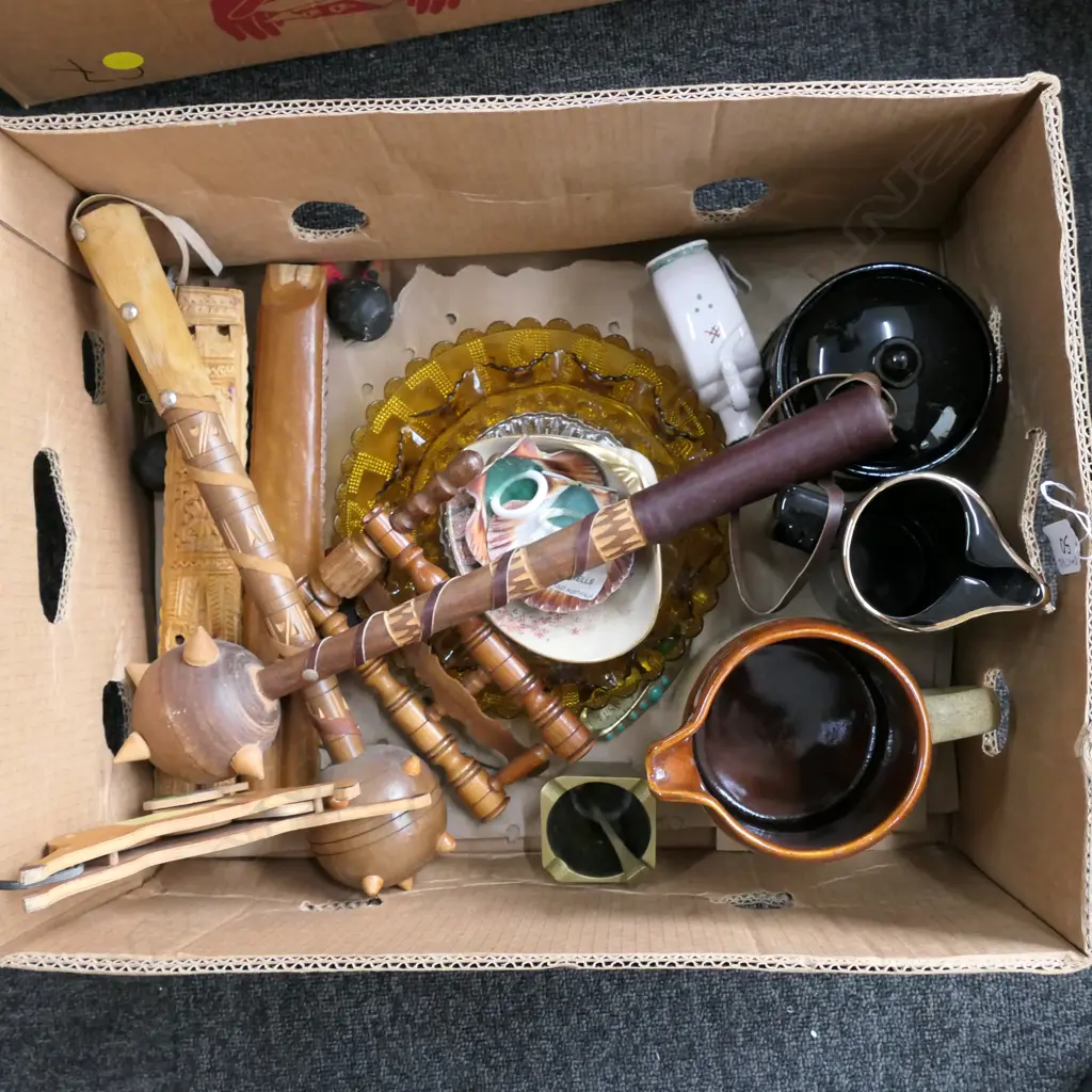 LOT ASST GLASSWARE/JUGS/ WOODEN CARVED CLUBS ETC Image 1++