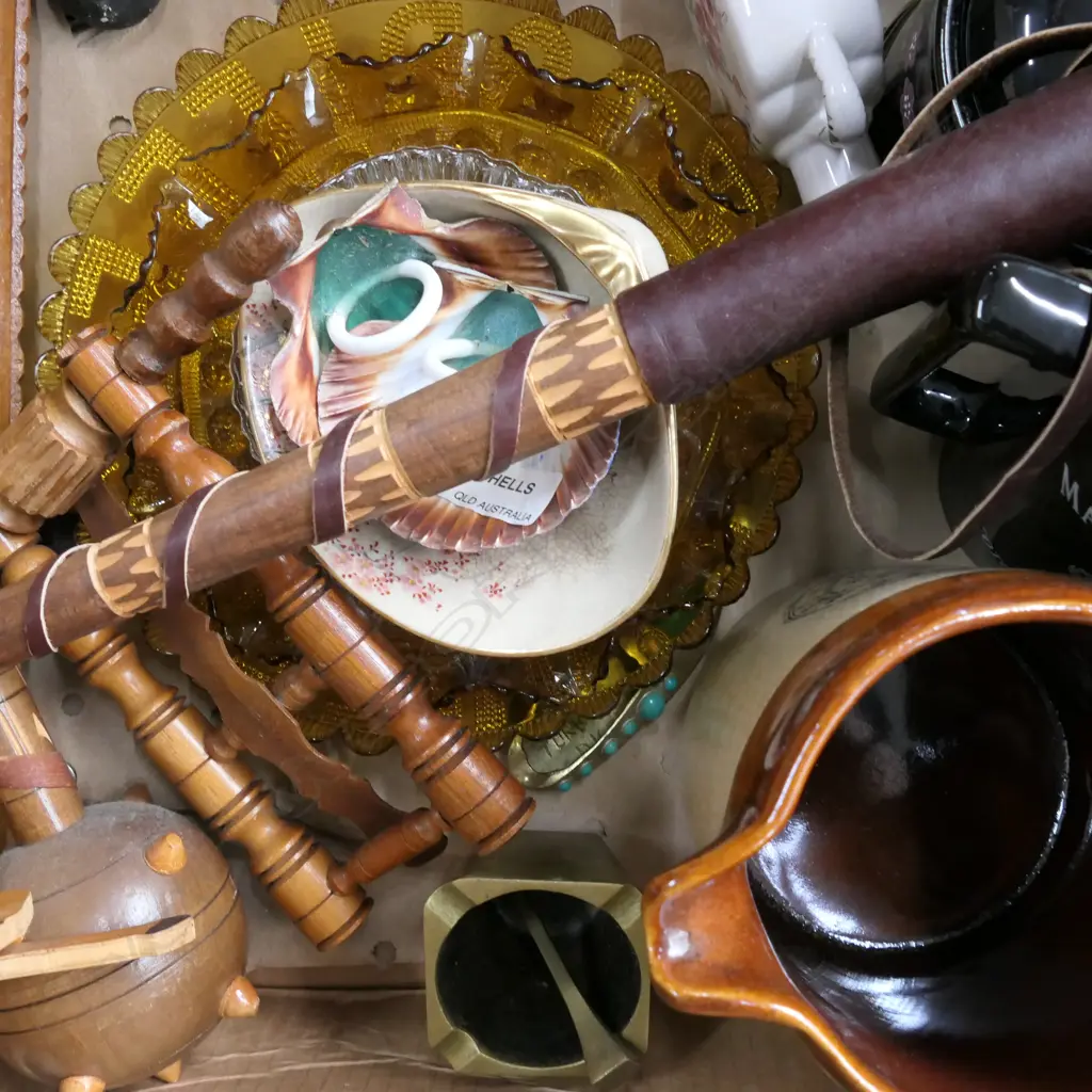 LOT ASST GLASSWARE/JUGS/ WOODEN CARVED CLUBS ETC Image 1++