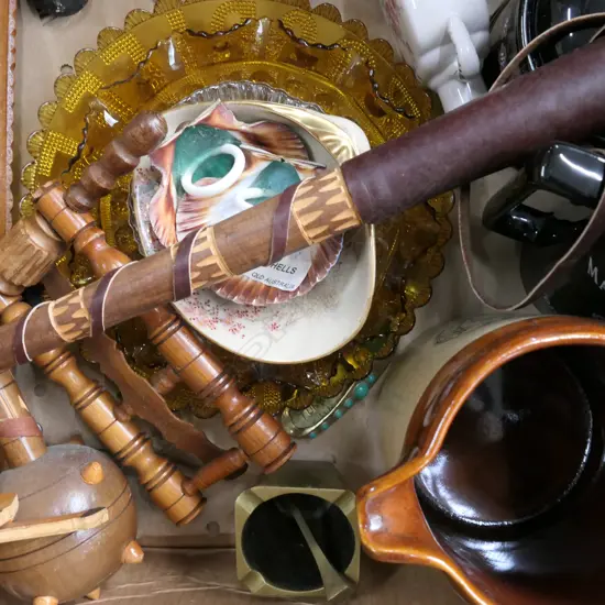 LOT ASST GLASSWARE/JUGS/ WOODEN CARVED CLUBS ETC