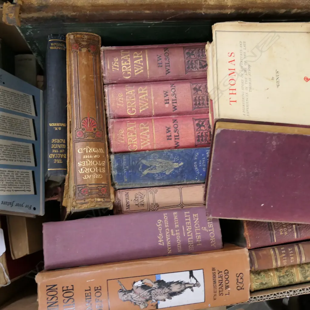LARGE BOX ASST VINTAGE BOOKS INCL. GREAT WAR / DICKENS / ARISTOTLE ETC Image 1++