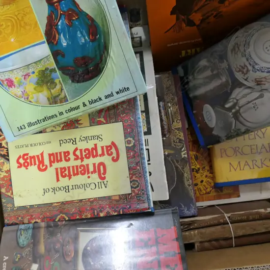 BOX ASST VINTAGE BOOKS INCL. GLASS / PORCELAIN / ANTIQUES