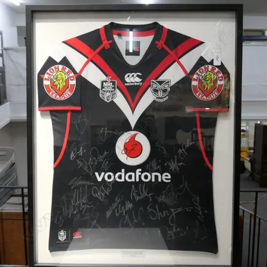 FRAMED SIGNED WARRIORS LEAGUE JERSEY. H.910mm