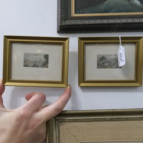 PR OF VICT NEEDLE BOX MINIATURE PRINTS BY BAXTER - VENICE  & ENGLISH L'SCAPE. EACH 25 X 45mm