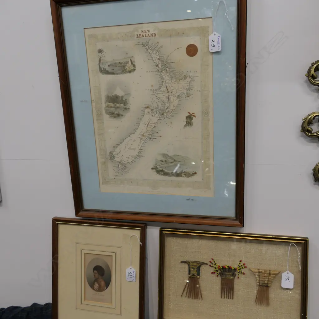 TALLIS MAP OF NZ REPRINT, EARLY BAXTER PRINT & FRAMED DISPLAY OF 3 ETHNIC HAIR COMBS  Image 1++