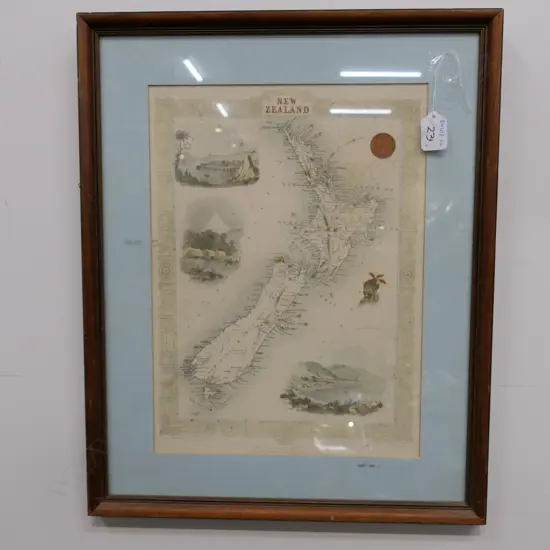 TALLIS MAP OF NZ REPRINT, EARLY BAXTER PRINT & FRAMED DISPLAY OF 3 ETHNIC HAIR COMBS 