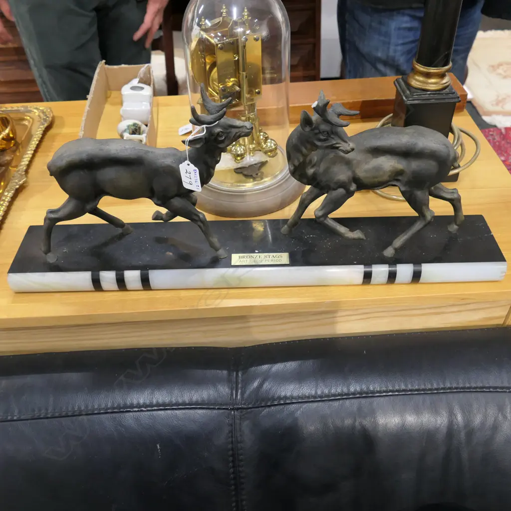 ART DECO SPELTER STAGS ON MARBLE BASE (A/F) Image 1++