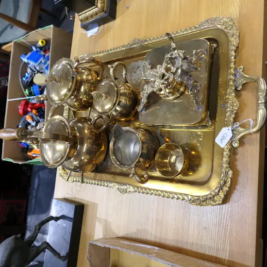 BRASS TRAY, TEAPOT ETC