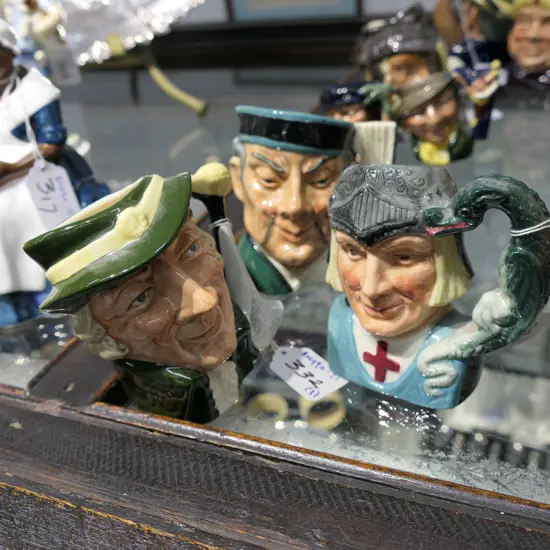 3 X ROYAL DOULTON CHARACTER JUGS REGENCY BEAU---SM. D6562 4 1/4" ST. GEORGE--SM. D6621 3¾" MIKADO--SM. D6507 3¾"