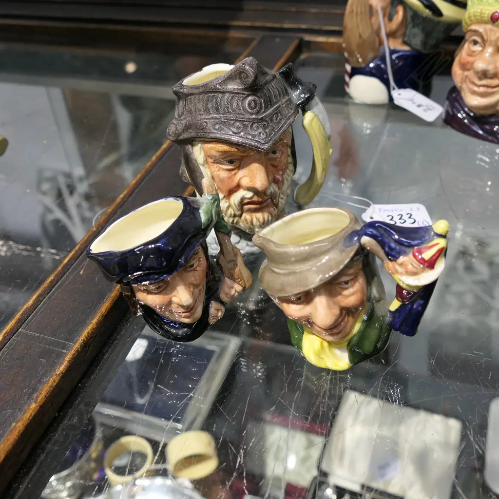 3 X ROYAL DOULTON CHARACTER JUGS SCARAMOUCHE--MINI D6564 2½" PUNCH & JUDY MMAN--MINI D6596 2½" GLADIATOR--SM. D655 Image 1++