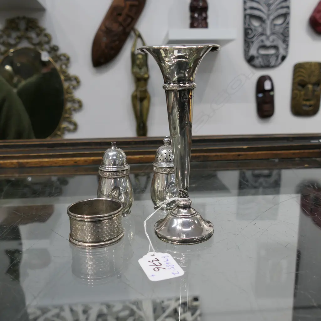 STERLING SILVER SPECIMEN VASE (WEIGHTED), 2 CONDIMENTS & NAPKIN RING. 144gm (87gms + VASE)) Image 1++