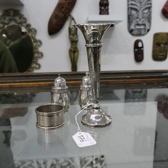 STERLING SILVER SPECIMEN VASE (WEIGHTED), 2 CONDIMENTS & NAPKIN RING. 144gm (87gms + VASE))