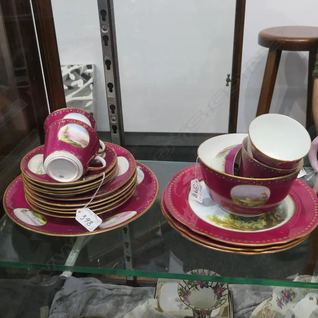 VICTORIAN PART TEA SET, PINK COLOUR, WITH ENGLISH SCENES Image 1++