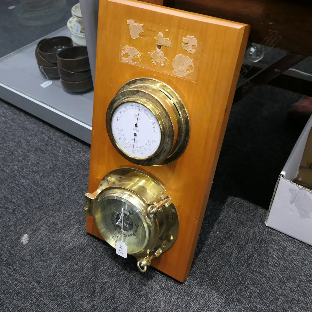 WOODEN MOUNTED BRASS BAROMETER & THERMO, L. 490MM Image 1++