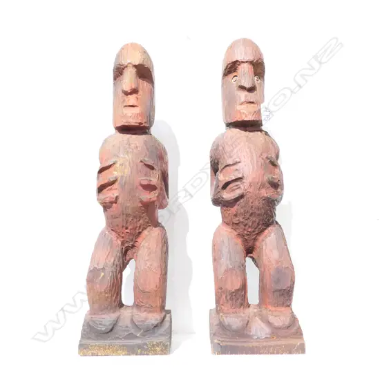 2 CARVED WOODEN POUTOKOMANAWA H. 410MM