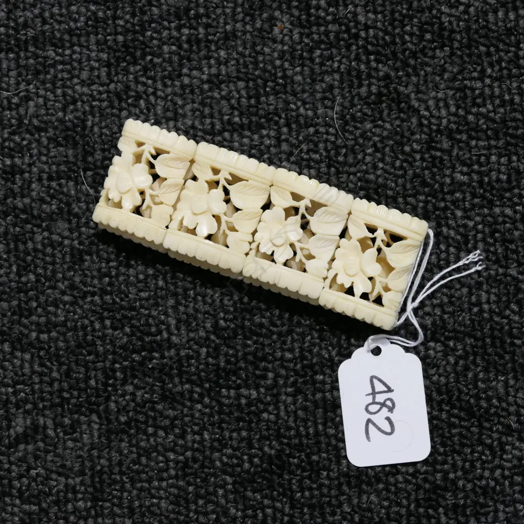 1920'S LOTUS FLOWER PANEL CARVED BONE BRACELET EXPANDING Image 1++
