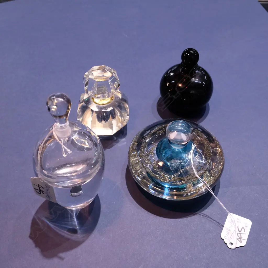 3 HANDBLOWN GLASS SCENT BOTTLES + ONE OTHER, TALLEST 150MM Image 1++