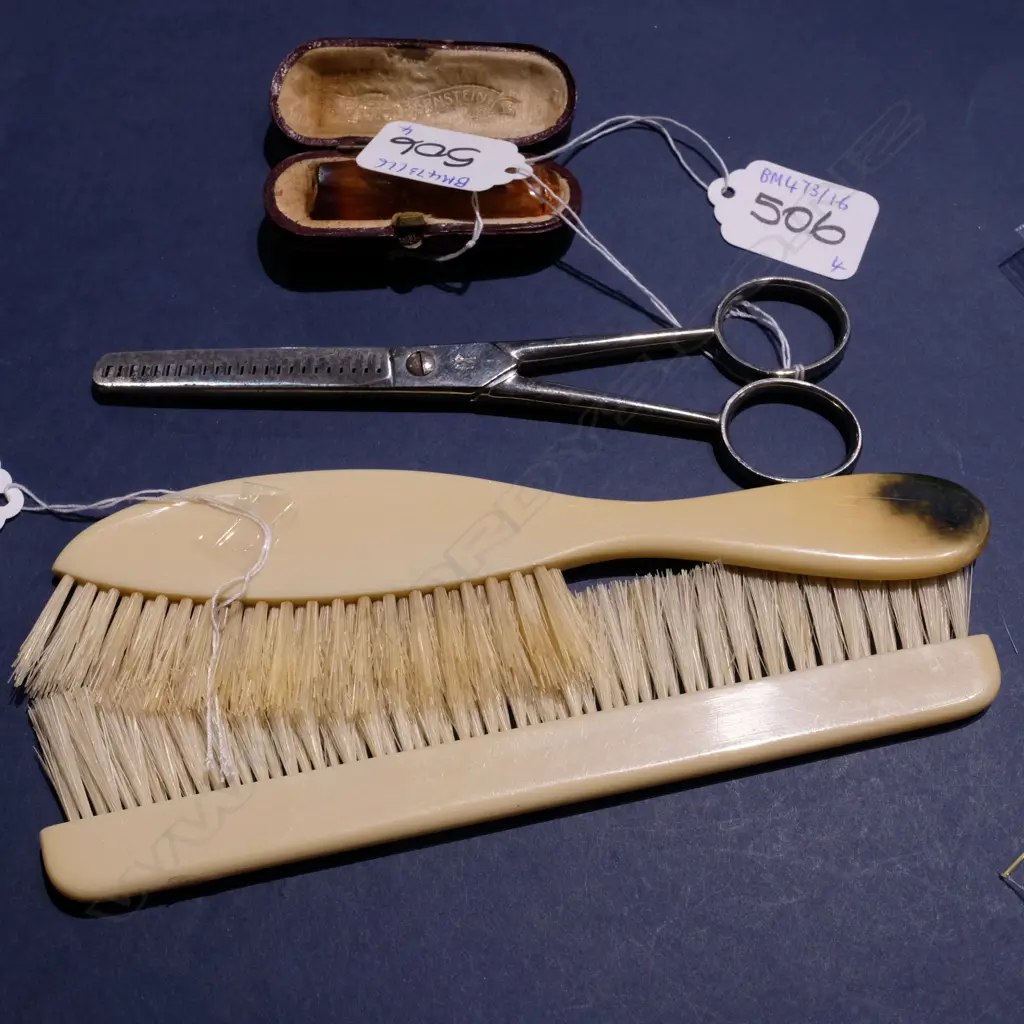 VINT AMBER CIG. HOLDER,  IVORINE BRUSH SET & CRIMPING SCISSORS (STAMPED 180) Image 1++