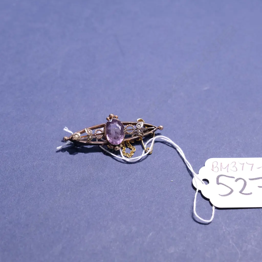 9CT GOLD EDWARDIAN PEARL/AMETHYST BAR BROOCH Image 1++