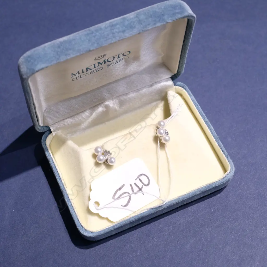 MIKIMOTO PEARL EARRINGS, LOGO ON BUTTERFLY Image 1++