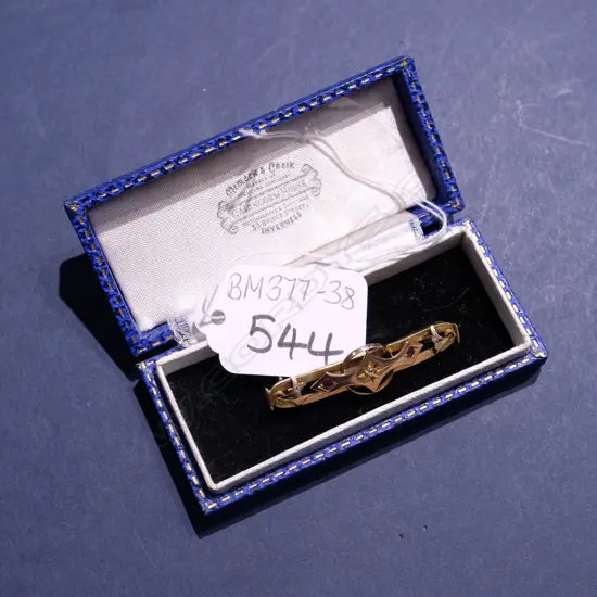 9CT GOLD EDWARDIAN RUBY/DIAMOND BAR BROOCH