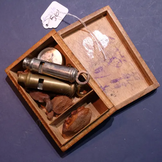 2 POLICE WHISTLES, COMPASS, BOX ETC