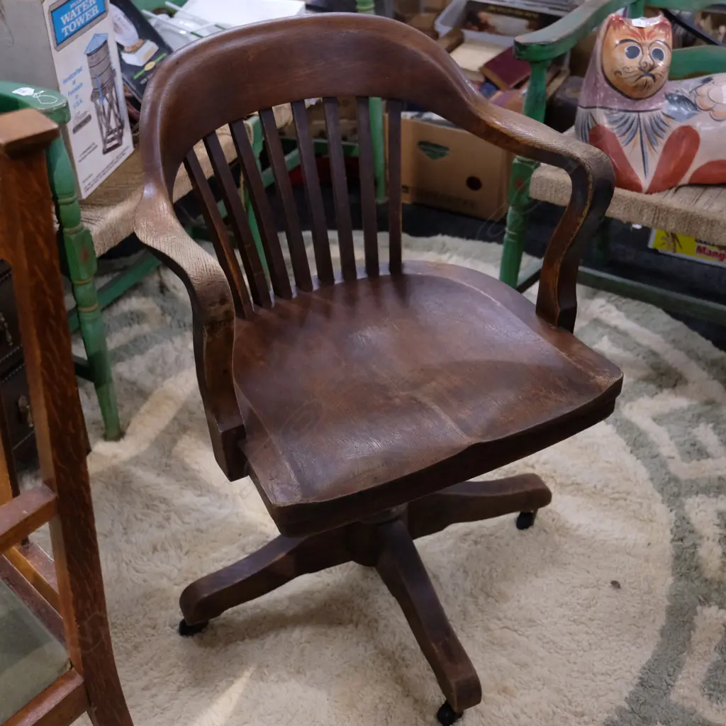 C. 1920S AMERICAN OAK BANKERS CHAIR BRANDED SIKES Image 1++