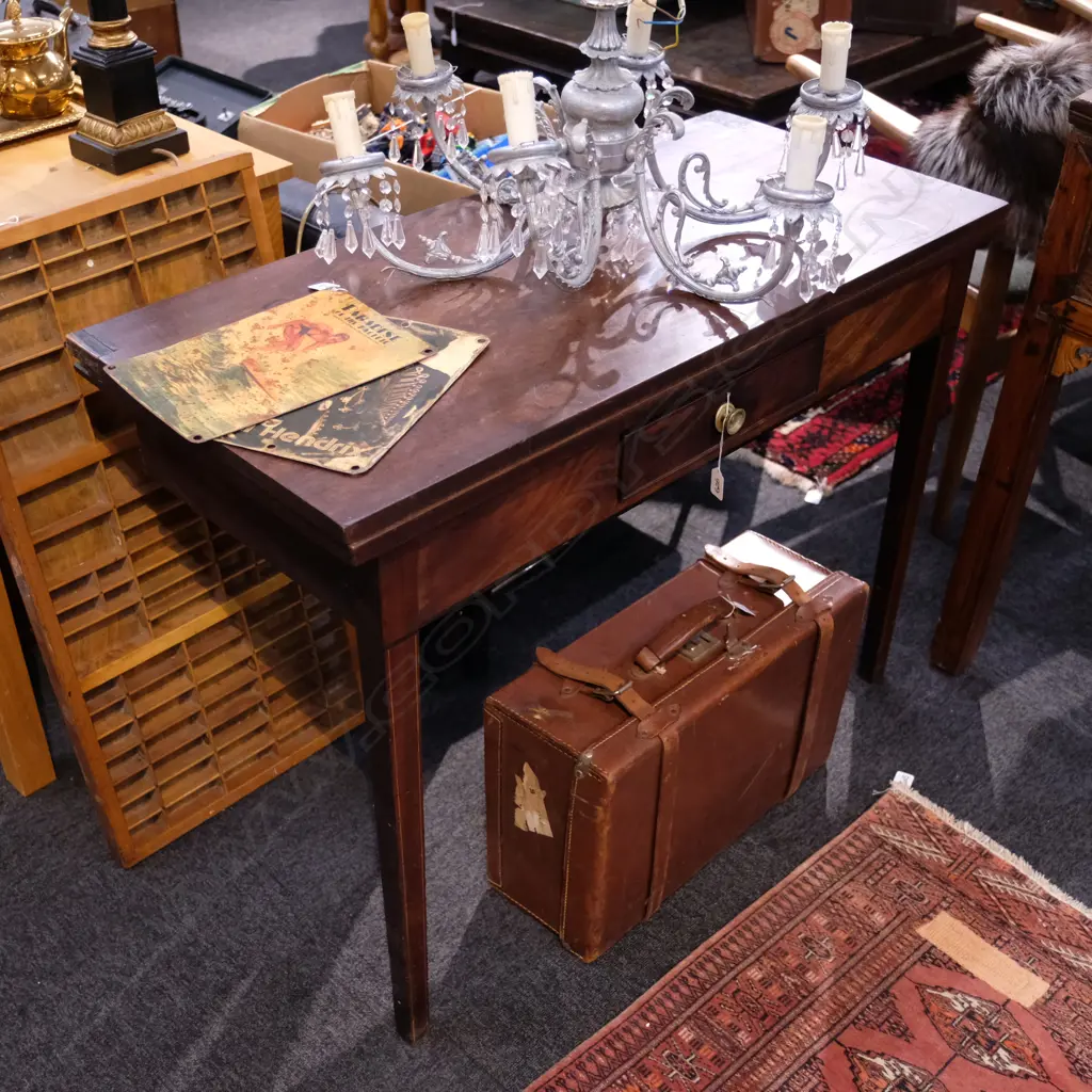 ANTIQUE MAHOGANY FOLD-OUT TABLE W/ FRIEZE DRAWER W. 1020MM Image 1++