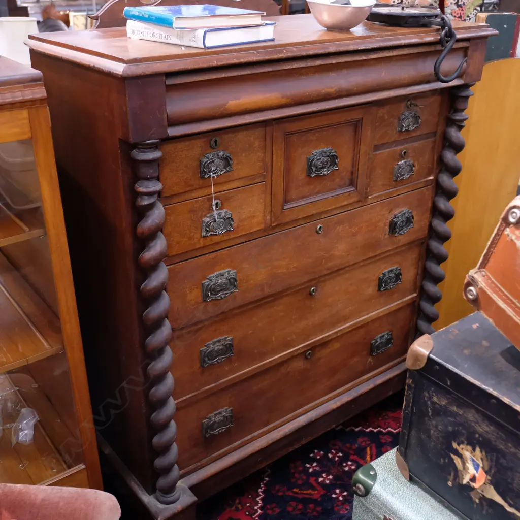 COLONIAL SCOTCH CHEST w BARLEY TWIST COLUMNS (ART NOUVEAU HANDLES). H.1440mm Image 1++