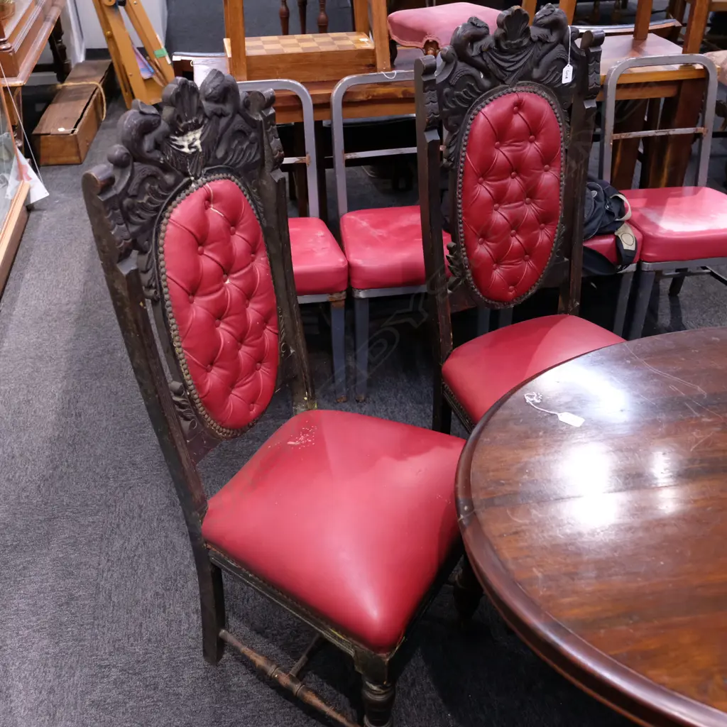 4 CARVED OAK HIGH BACK DINING CHAIRS RED UPHOLSTERY H. 1150MM Image 1++