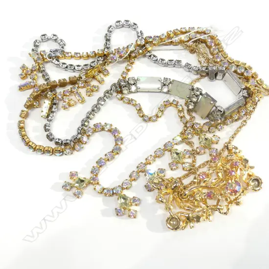 4 CRYSTAL NECKLACES, (3GP, 1 SIL.COLOUR)