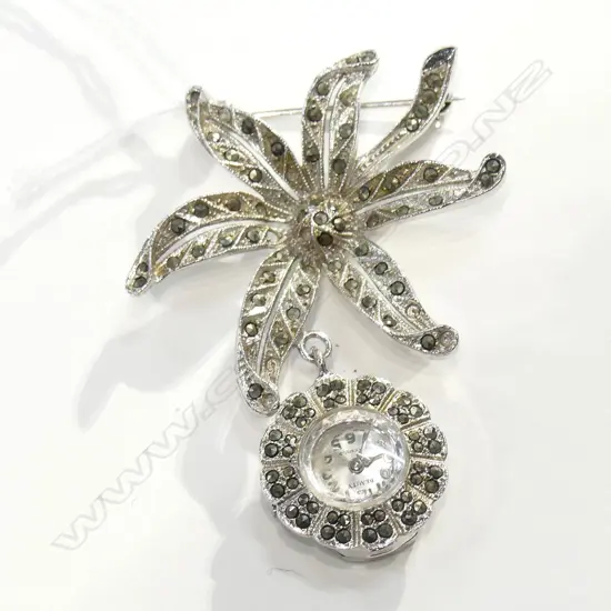 SILVER MARCASITE  FLOWER BROOCH/WATCH