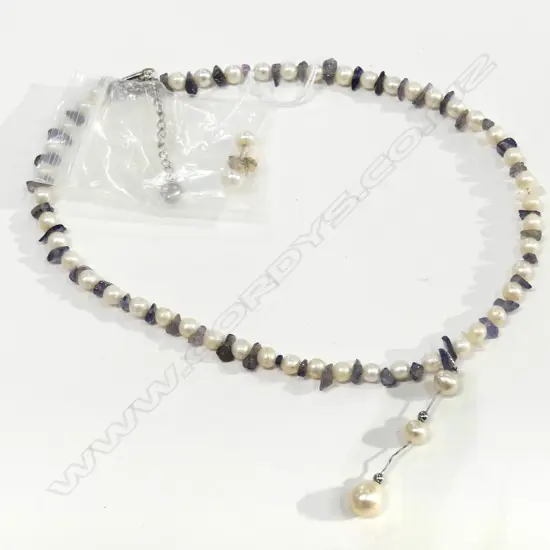 PEARL & AMETHYST NECKLACE & PEARL STUDS 